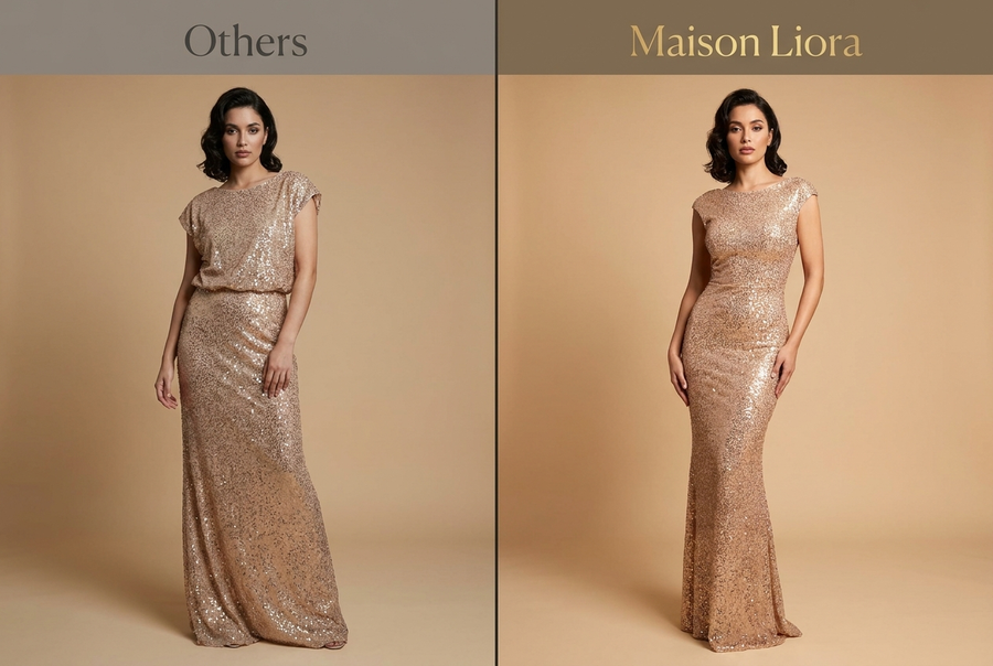 Fit comparison — poorly fitted dress versus flattering Maison Liora gown