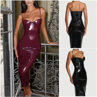 Odile — Wine Patent Bodycon Midi Dress