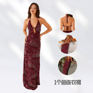 Delphine — Wine Sequin Halter Maxi Gown