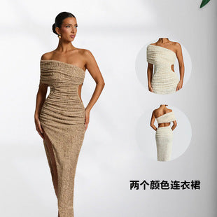 Noëlle — Taupe Ruched One-Shoulder Mini Dress