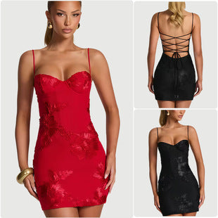 Séverine — Red Satin Bustier Mini Dress with Lace-Up Back