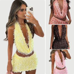 Ambre — Butter Yellow Fringe Bandeau & Skirt Set