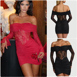 Ines — Fuchsia Off-Shoulder Lace Mini Dress