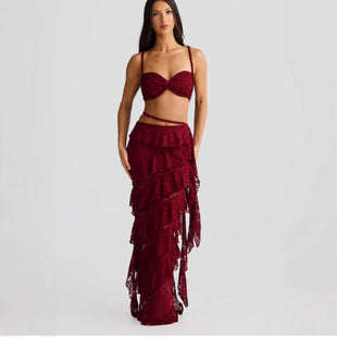 Roxane — Burgundy Fringe Bra Top & Skirt Set