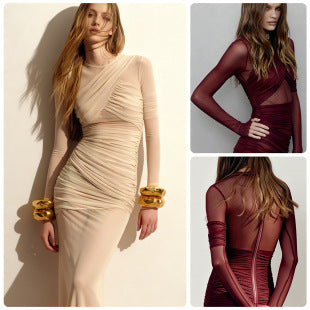 Berenice — Champagne Ruched Long-Sleeve Mini Dress