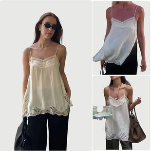 Pauline — Ivory Satin Lace-Trim Cami Top