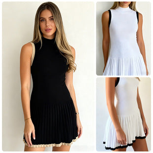 Corinne — Black Pleated Drop-Waist Mini Dress