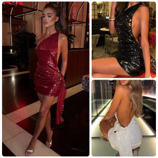 Bettina — Wine Sequin Cowl-Back Mini Dress