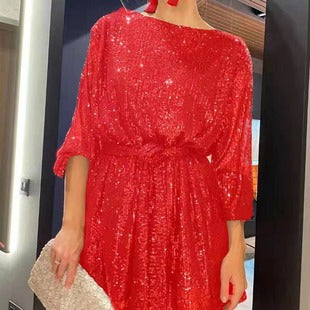 Romy — Red Sequin Dolman-Sleeve Mini Dress