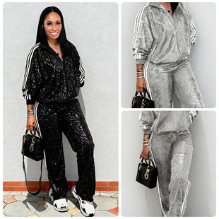 Joséphine — Black Sequin Zip Jacket & Trouser Set