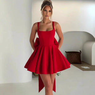 Adrienne — Red Structured Mini Dress with Draped Bow