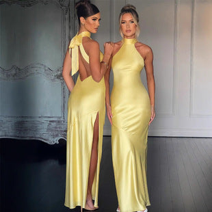 Aurore — Pale Yellow Satin Halter Gown