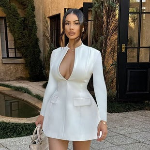 Capucine — White Plunge Long-Sleeve Mini Dress