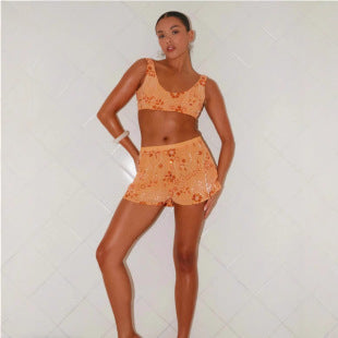 Amélie — Orange Floral Print Bra Top & Shorts Set