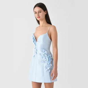 Lucile — Baby Blue Floral Appliqué Mini Dress