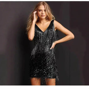 Zélie — Black Sequin Plunge Mini Dress