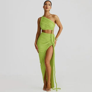 Véronique — Lime Green Satin Crop Top & Slit Skirt Set