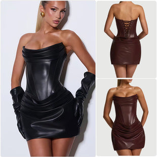 Constance — Black Faux-Leather Bandeau Mini Dress