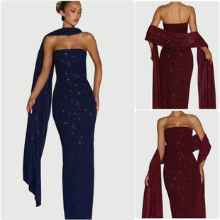 Isabeau — Navy Sequin Halter Gown with Cape Sleeve
