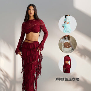 Mélisande — Burgundy Fringe Top & Maxi Skirt Set
