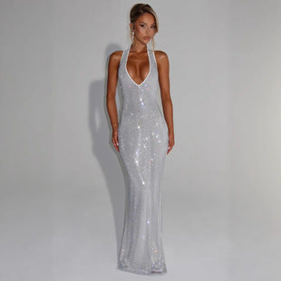 Angélique — Silver Sequin Halter Gown