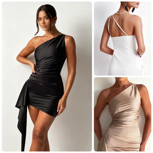Valentine — Black Satin One-Shoulder Draped Mini Dress