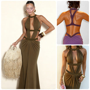 Domitille — Olive Cutout Halter Gown