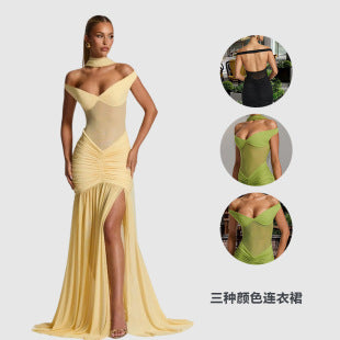 Garance — Butter Yellow Sheer Halter Maxi Dress