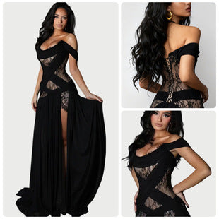 Mélanie — Black Mesh Off-Shoulder Slit Gown