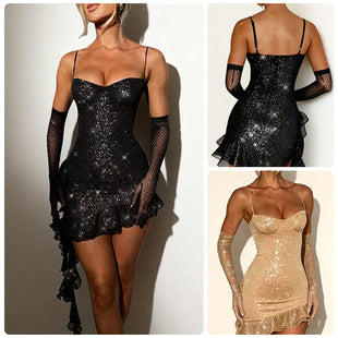 Roseline — Black Sequin Fringe Mini Dress