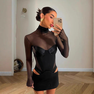 Ysabeau — Black Mesh Cutout Mini Dress