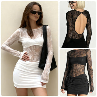 Angeline — White Lace Long-Sleeve Mini Dress