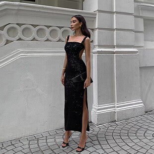 Prisca — Black Square-Neck Slit Dress