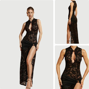 Yolande — Black Lace Halter Slit Gown