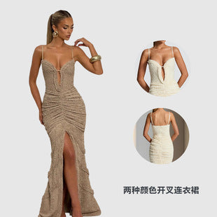 Fauvette — Champagne Sequin Slit Gown