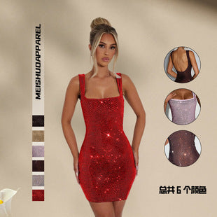 Roxelane — Red Sequin Square-Neck Mini Dress