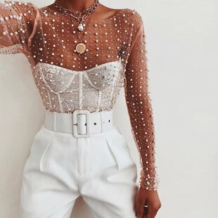 Perline — Nude Dot Mesh Top & Pants Set