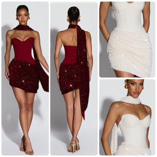 Grenadine — Burgundy Lace Cutout Mini Dress