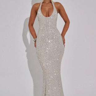 Delphine-Rose — Burgundy Sequin Halter Gown