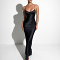 Vivienne — Black Satin Cowl-Neck Slip Gown, front view