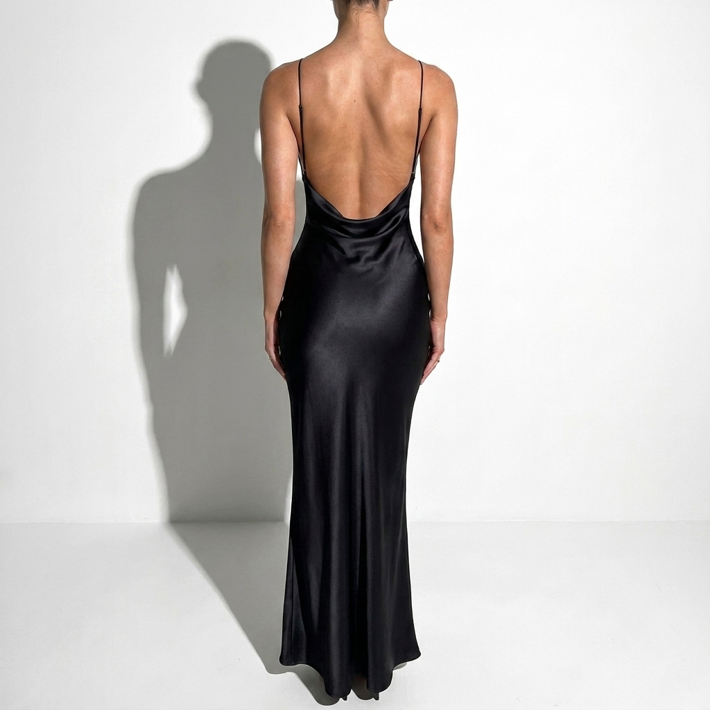 Vivienne — Black Satin Cowl-Neck Slip Gown, back view