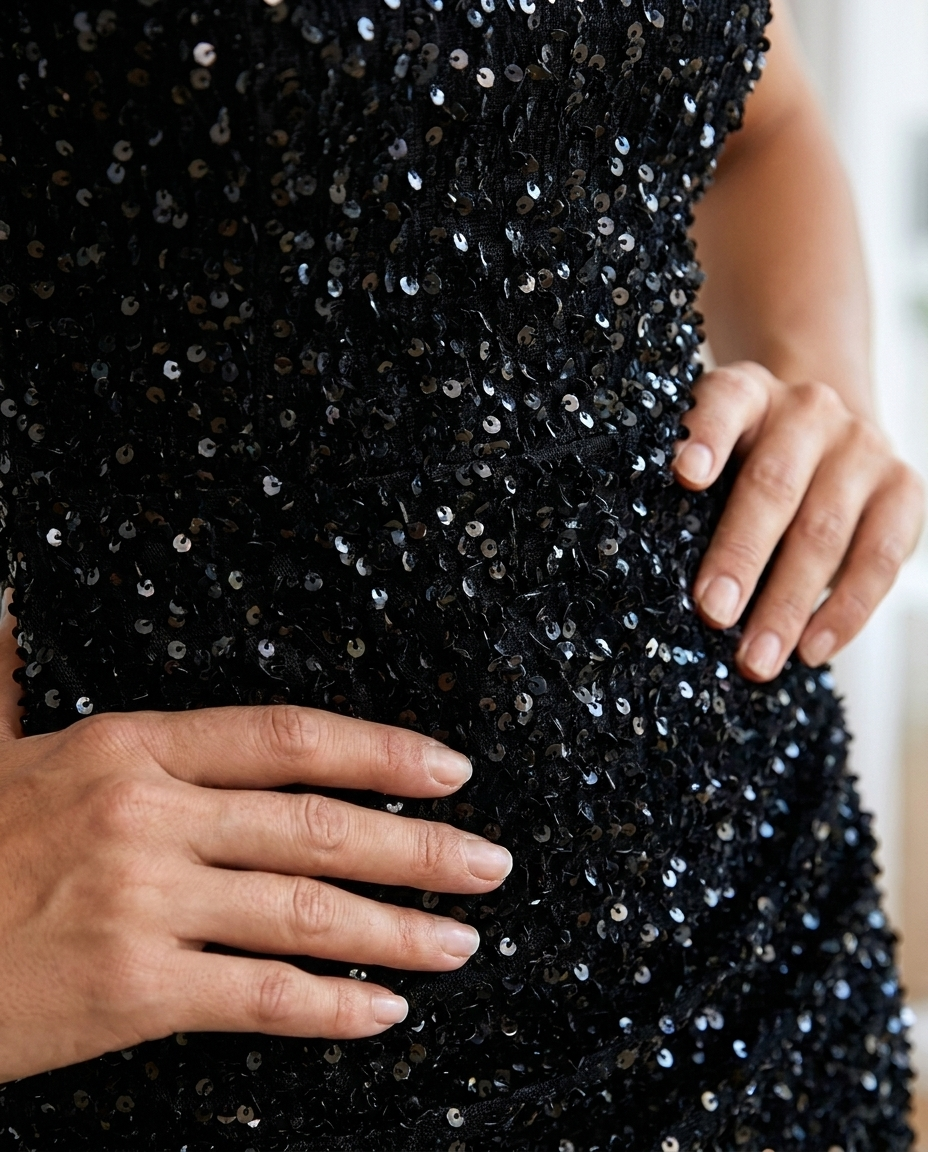 Aliénor — Black Sequin One-Shoulder Mini Dress, detail close-up