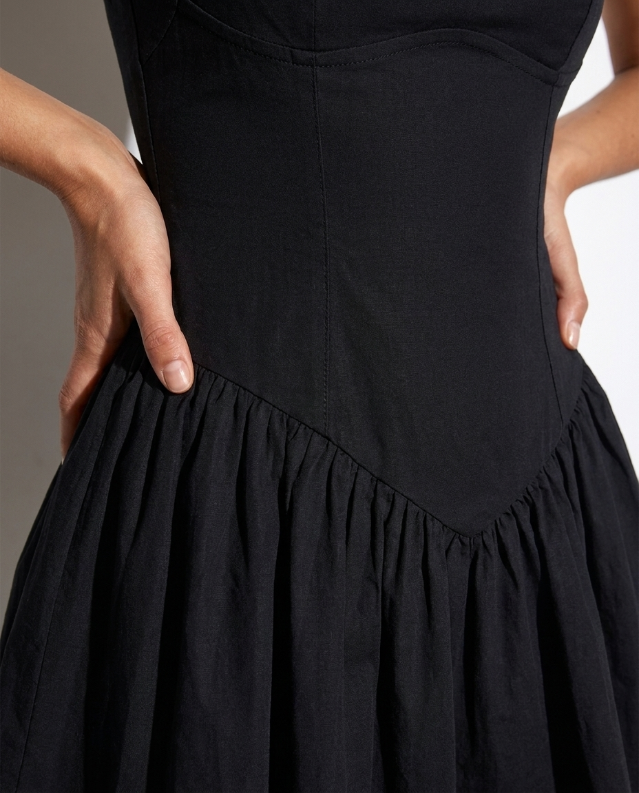 Prudence Black Drop-Waist Ruffle Mini Dress, detail close-up
