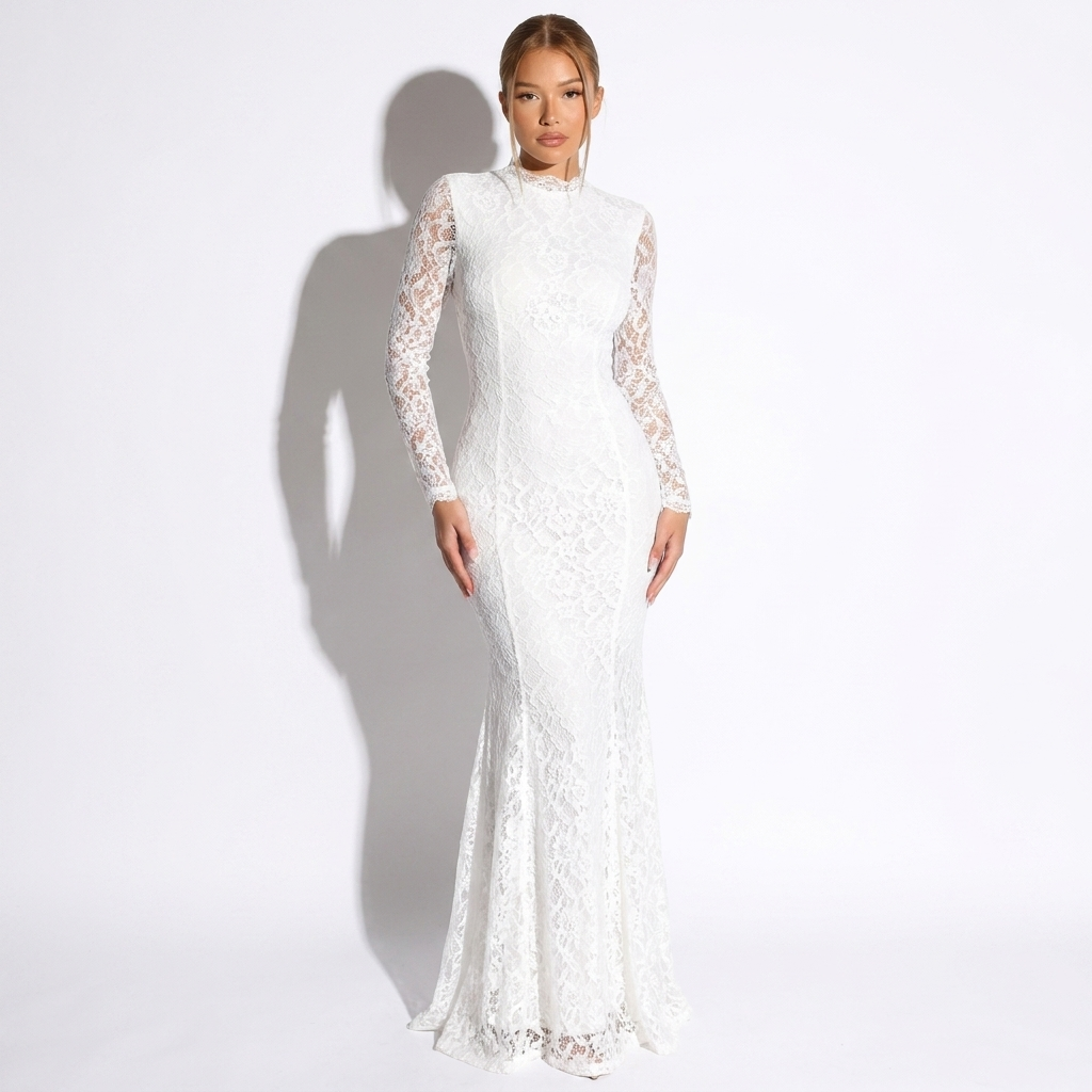 Solène — Ivory Lace Cutout Halter Gown, front view