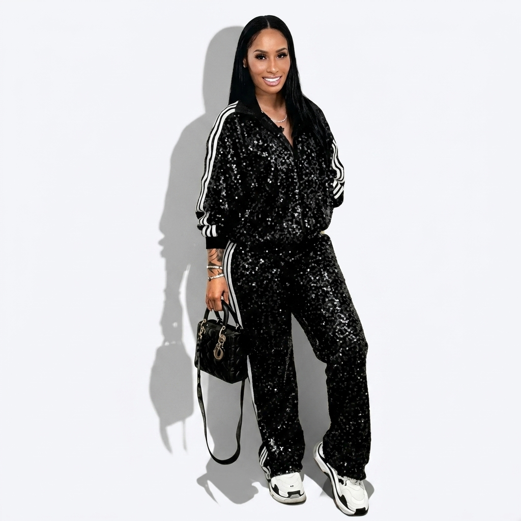 Joséphine — Black Sequin Zip Jacket & Trouser Set, front view