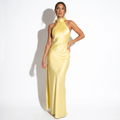 Aurore — Pale Yellow Satin Halter Gown, front view