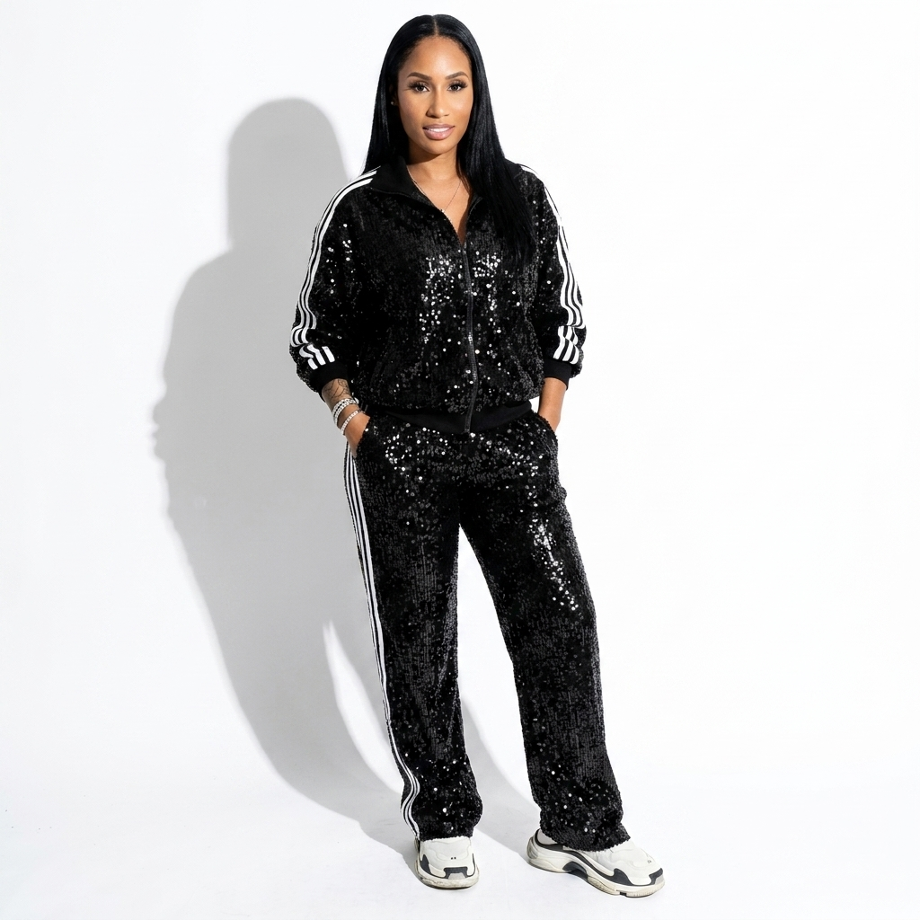 Joséphine — Black Sequin Zip Jacket & Trouser Set, front view