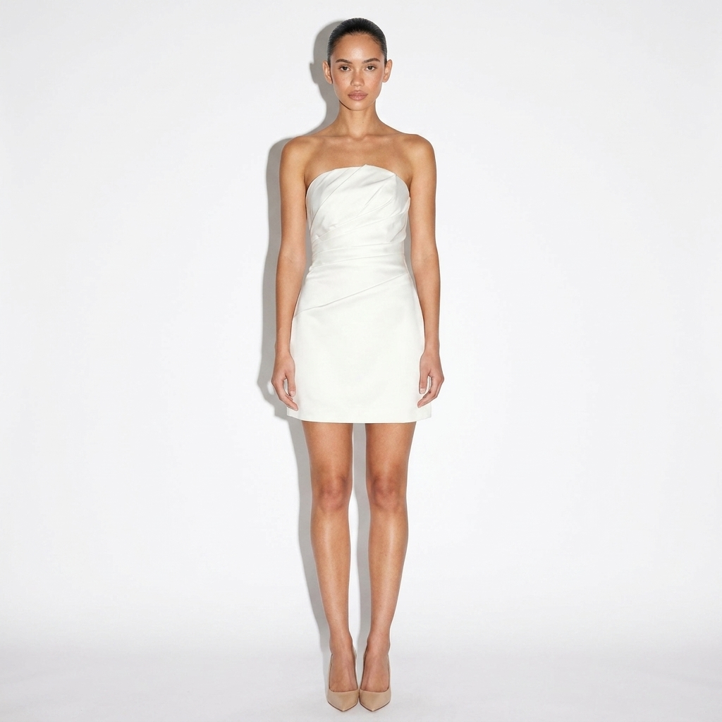 Simone — Ivory Strapless Draped Mini Dress, front view