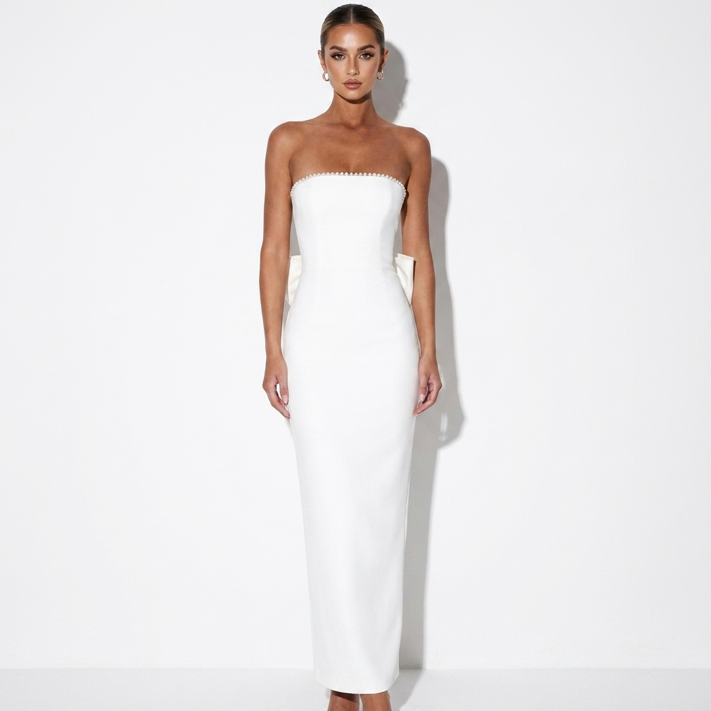 Aveline — White Strapless Column Midi Dress, front view