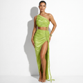 Véronique — Lime Green Satin Crop Top & Slit Skirt Set, front view